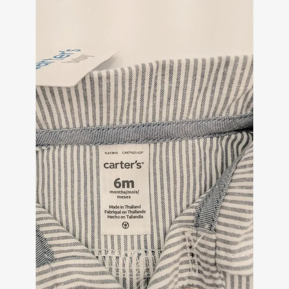 Carters Baby Boy Romper 6M Blue White Striped Oxford 100% Cotton Spring Easter